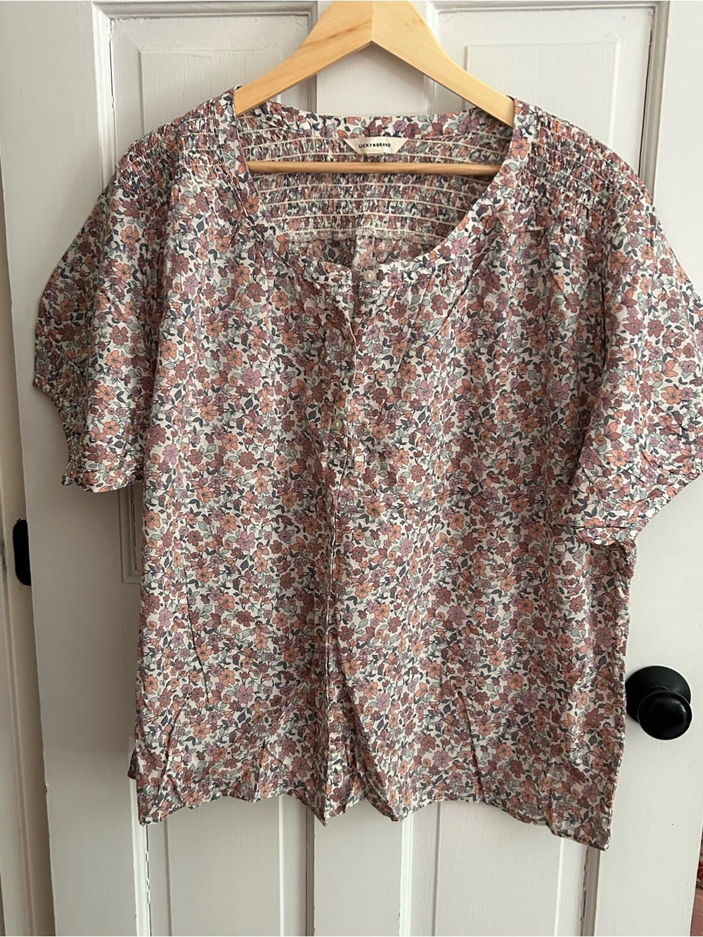 Lucky Brand Floral Smocked Blouse in Rose and Sage